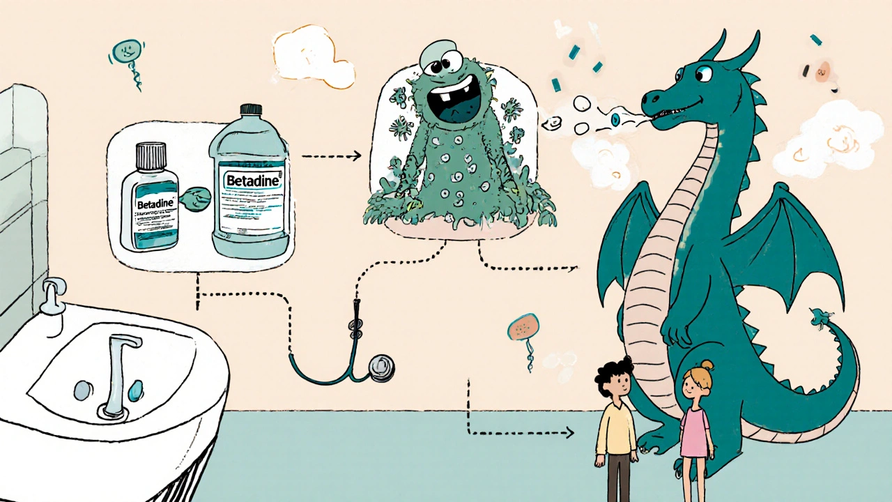 A bathroom sink turned into a medical decision tree with Betadine, failed cream, and antibiotic dragon.