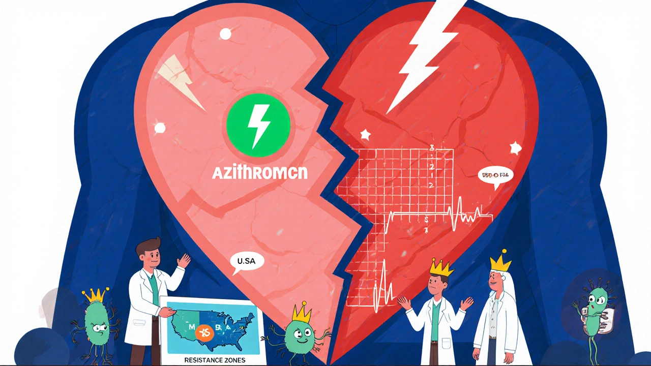 A cracked heart glows green on one side and red on the other, with tiny figures debating antibiotic resistance maps.