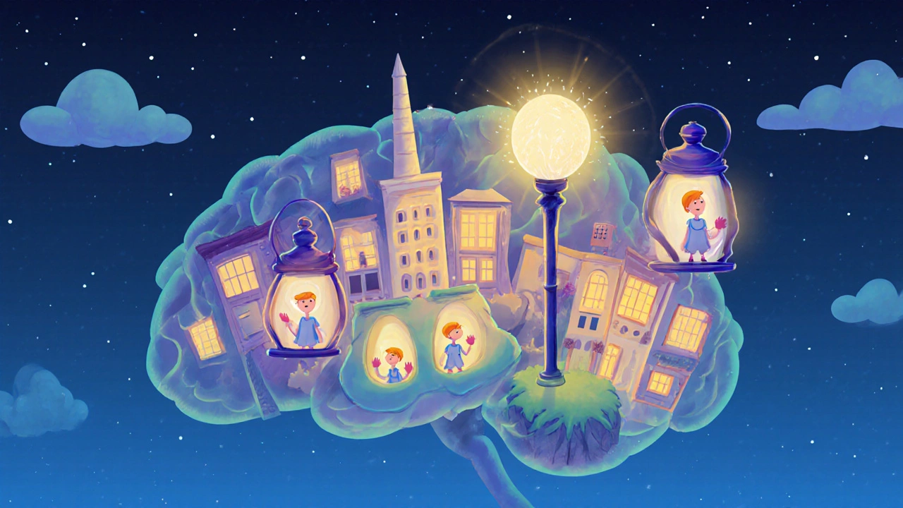 A glowing brain-city where clonidine's flickering lamp is replaced by warm lanterns of safer anxiety and sleep treatments.