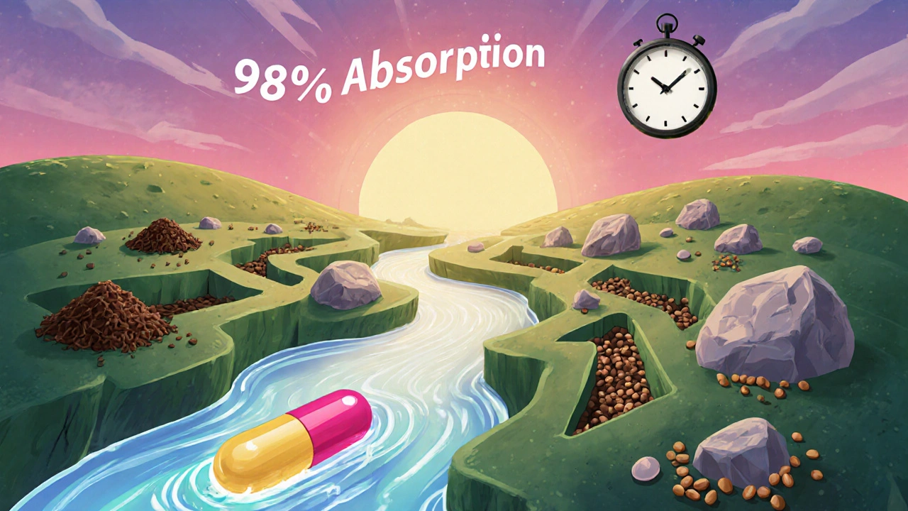 A liquid capsule flows easily through a glowing gut while a tablet gets stuck in obstacles.