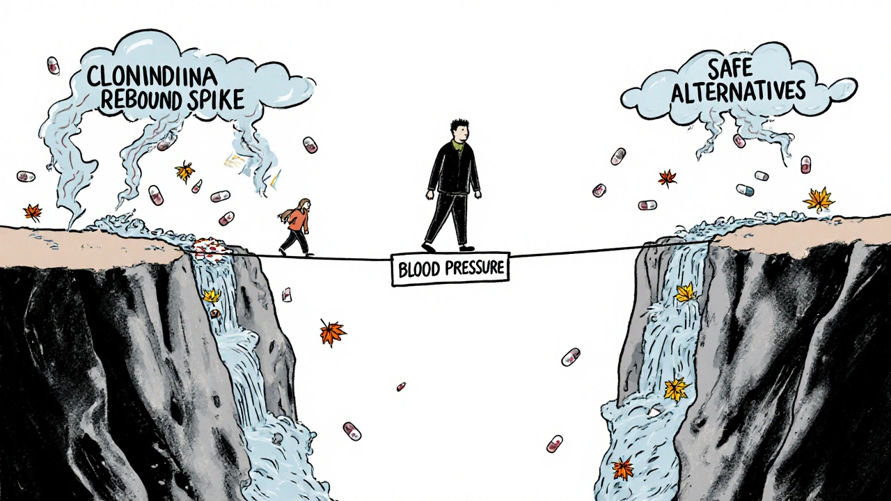 A person walking safely across a tightrope between dangerous clonidine rebound and calm alternative medications.