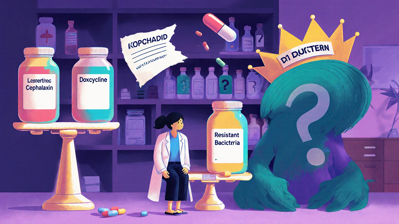 A surreal doctor’s office with glowing antibiotic bottles and a patient weighed down by a resistant bacteria monster.