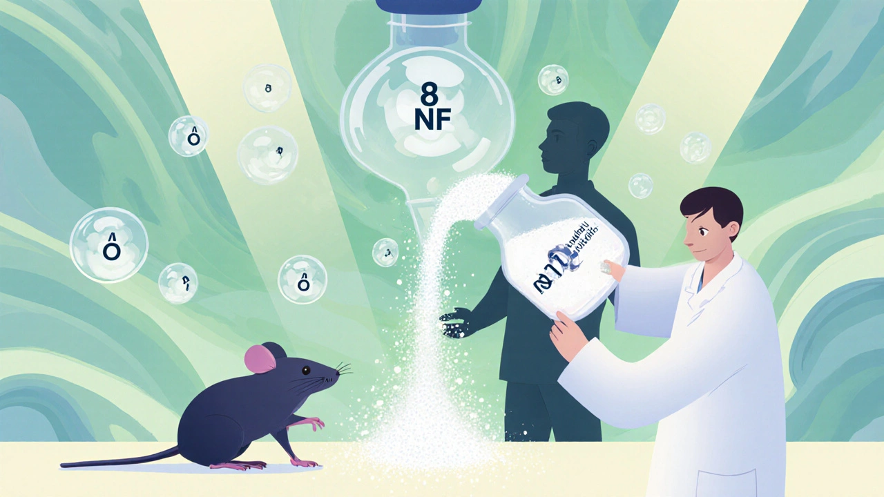 Abstract cartoon of a mouse and human silhouettes surrounded by rising oxygen bubbles after taking sodium fumarate.