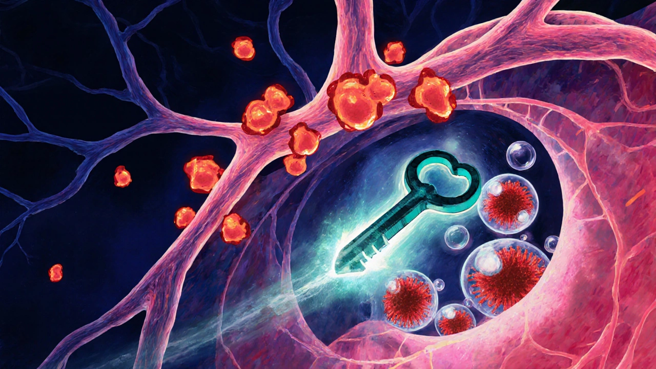 Abstract nerve tree with red vesicles and a penciclovir molecule blocking virus bubbles.