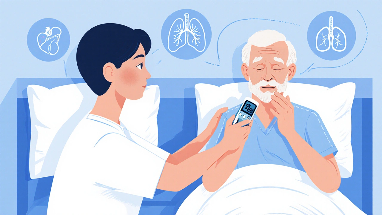 Caregiver checks temperature of confused older man, highlighting flu symptoms and comorbidities.