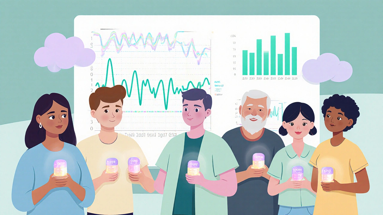 Cartoon patients holding glowing pills beside EEG waves showing reduced seizures.