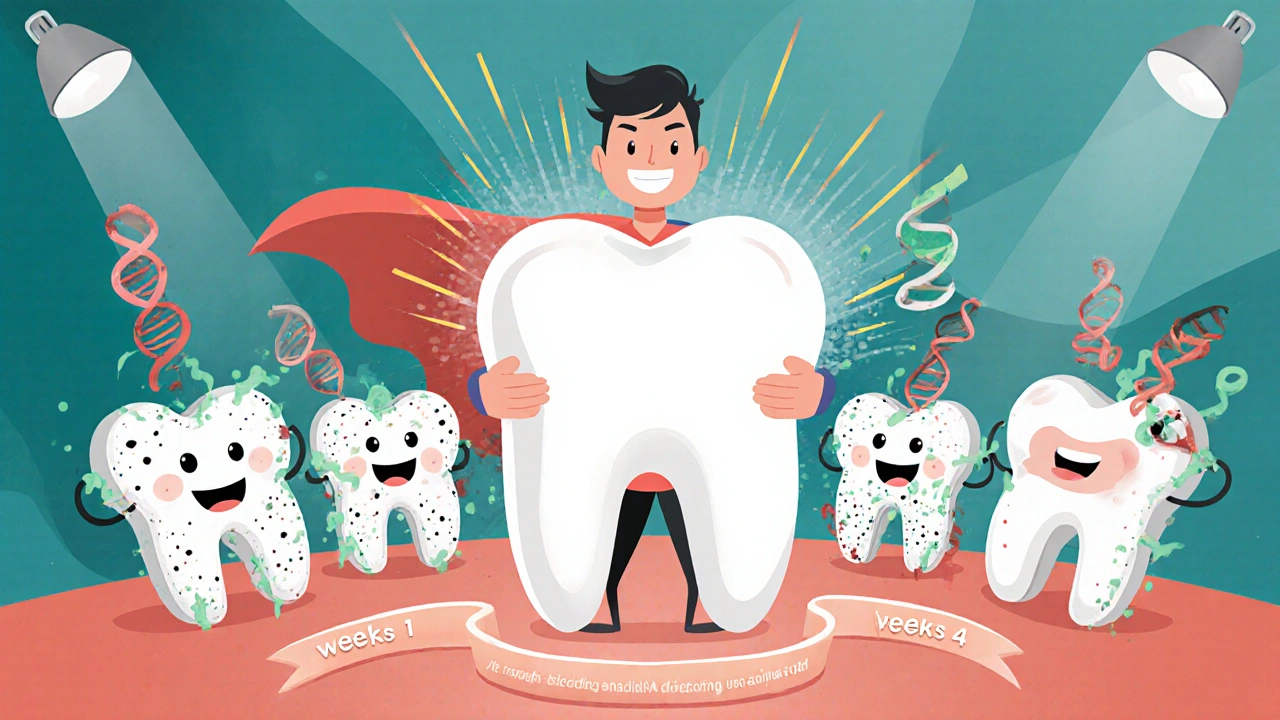 Cartoon superhero dentist wielding a giant iron‑folic acid tablet against plaque monsters, showing gum healing.