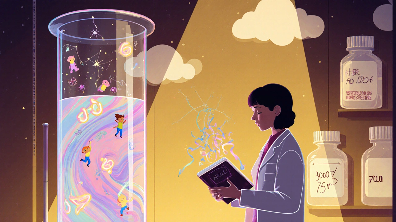 Clinician with giant test tube, floating blood cells showing therapeutic levels, patient diary ribbons.