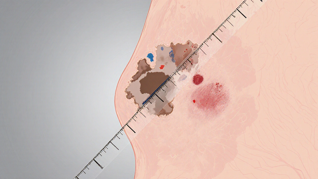 Close-up illustration of a mole showing asymmetry, irregular border, and multiple colors.