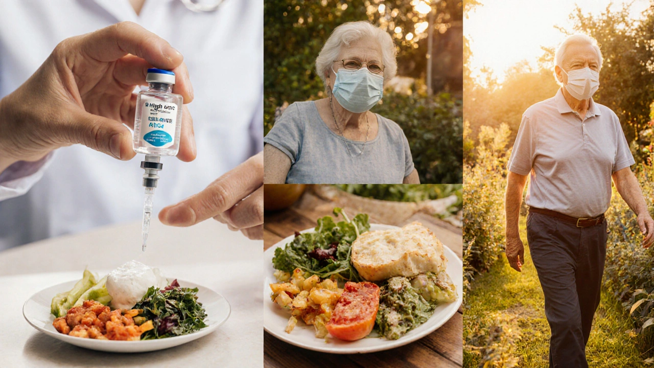 Collage of flu vaccine, sanitizer, mask, and healthy food promoting senior prevention.