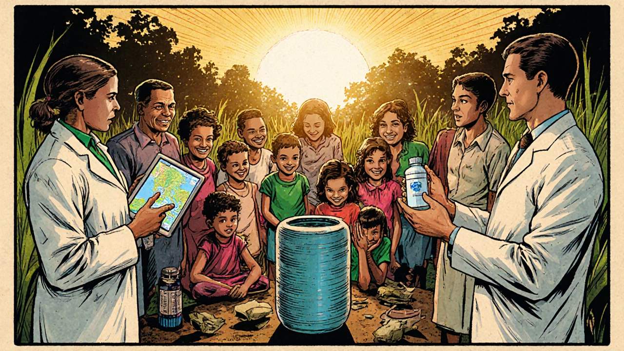 Comic illustration features a community using a ceramic filter, researchers with GIS maps, and new medication.