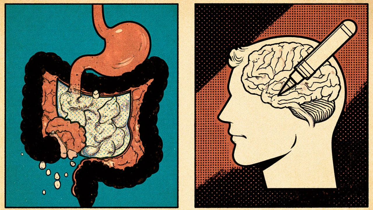 Comic split scene showing a gut shield blocking fat and a brain dimmed by a GLP‑1 injection.