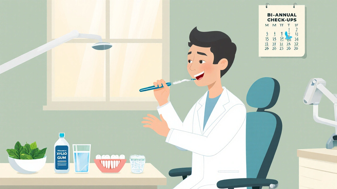 Dental office scene with dentist checking gums and health‑promoting items nearby.