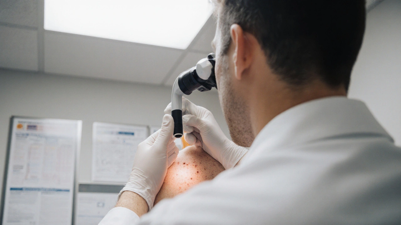 Dermatologist using a dermatoscope to examine a patient&#039;s back for a suspicious spot.