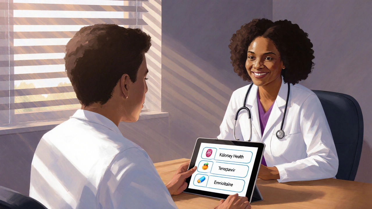 Doctor and patient discussing antiretroviral options with cost and safety icons on a tablet.
