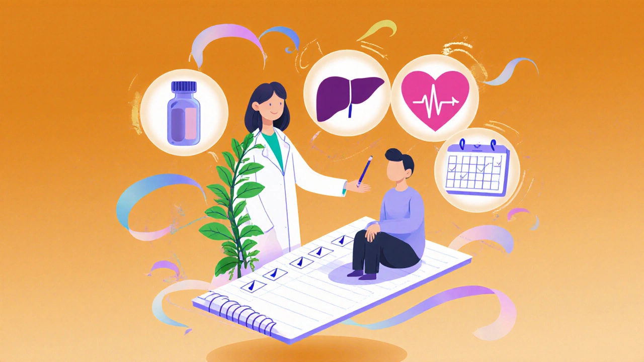 Doctor and patient with floating icons for medication, monitoring, and health checks.