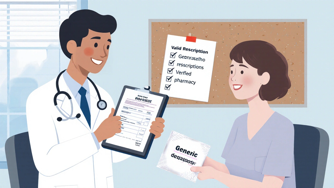 Doctor reviewing lab results as patient receives a sealed generic medication package.