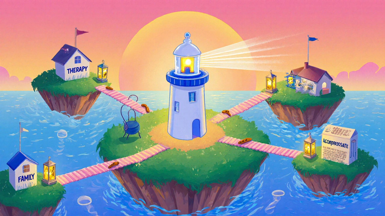 Floating islands connected by bridges, featuring Disulfiram lighthouse and alternative medication lanterns.