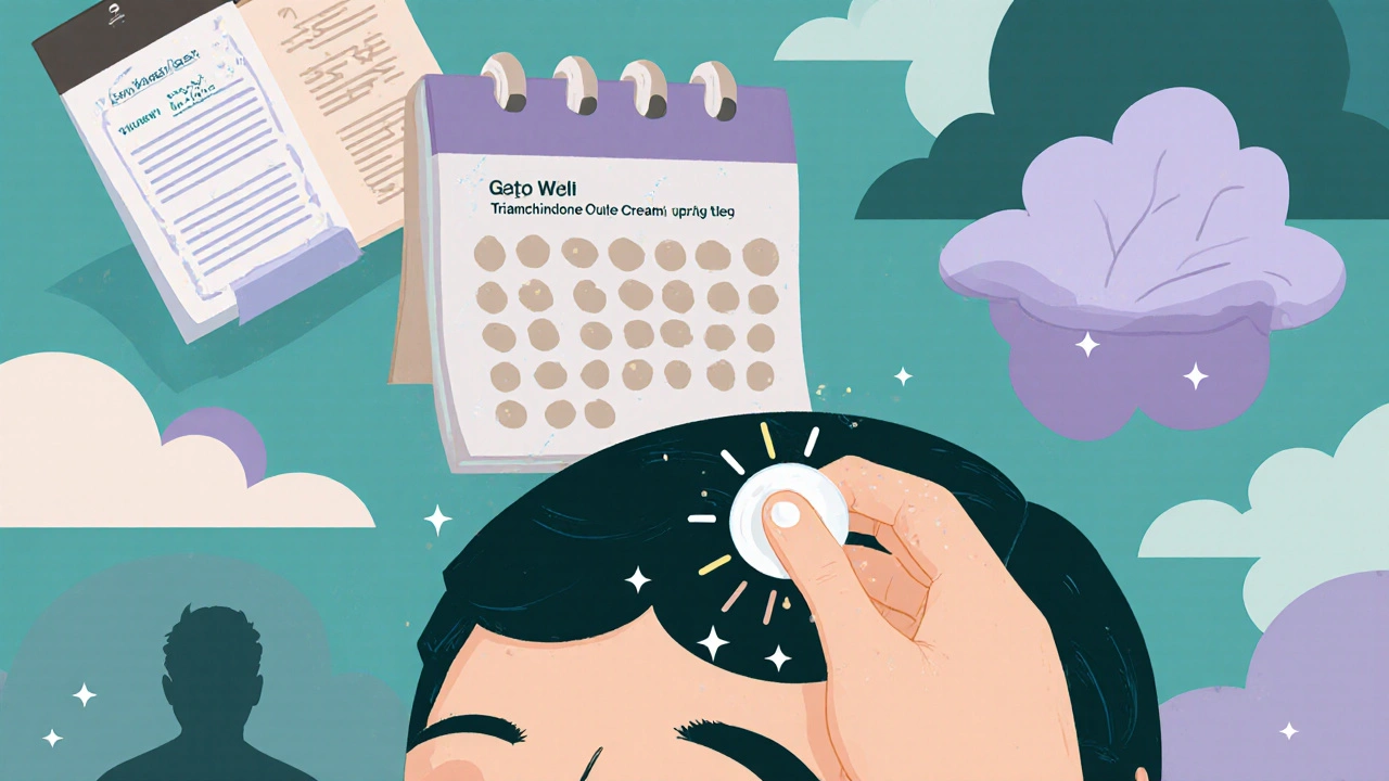 Hand applying a small amount of cream to a clean scalp with calendar and safety symbols.