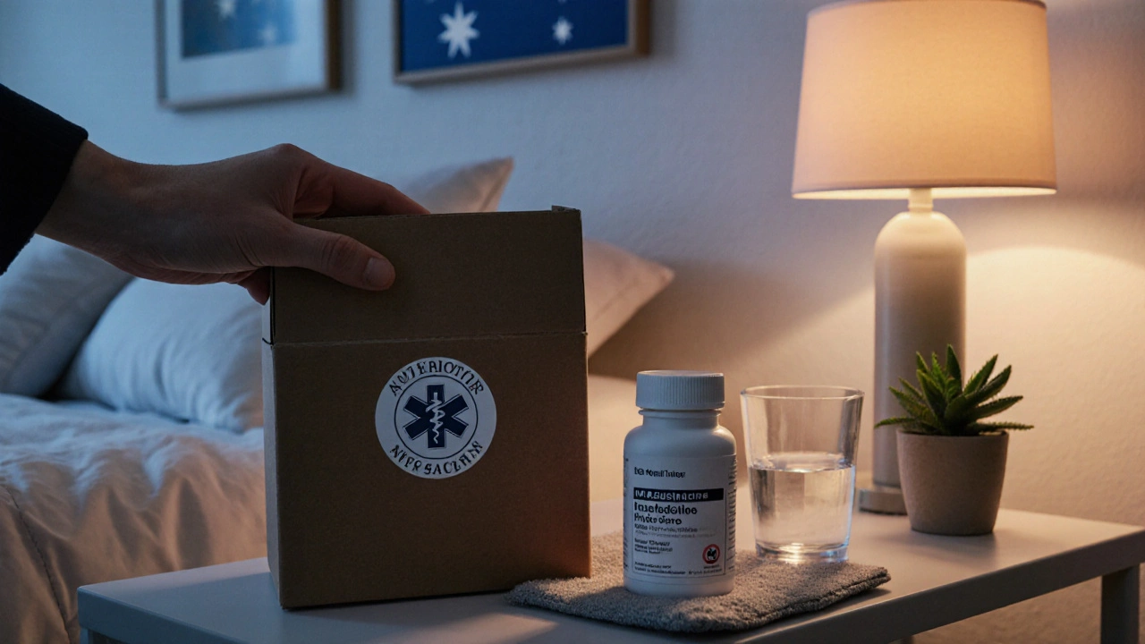 Hand opening box revealing medication bottle with official seal on bedside table.