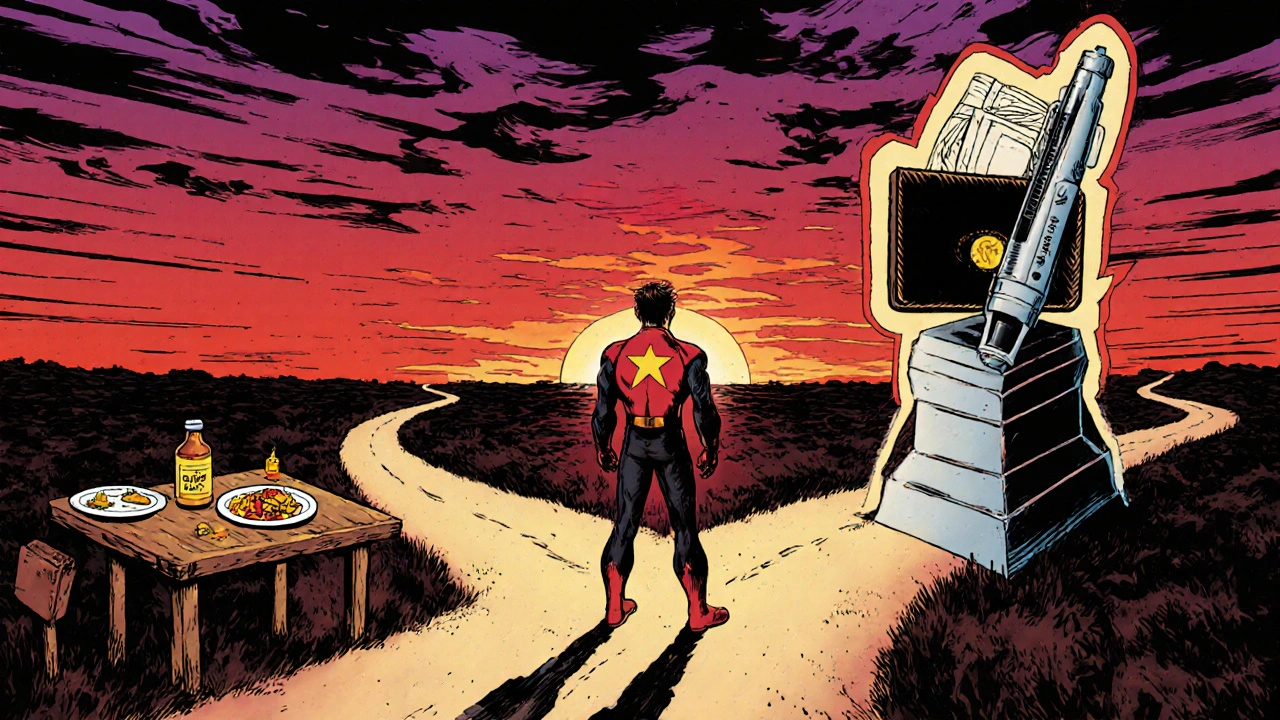 Hero at a crossroads choosing between low‑fat diet with vitamins and an injection pen, illustrating drug decisions.