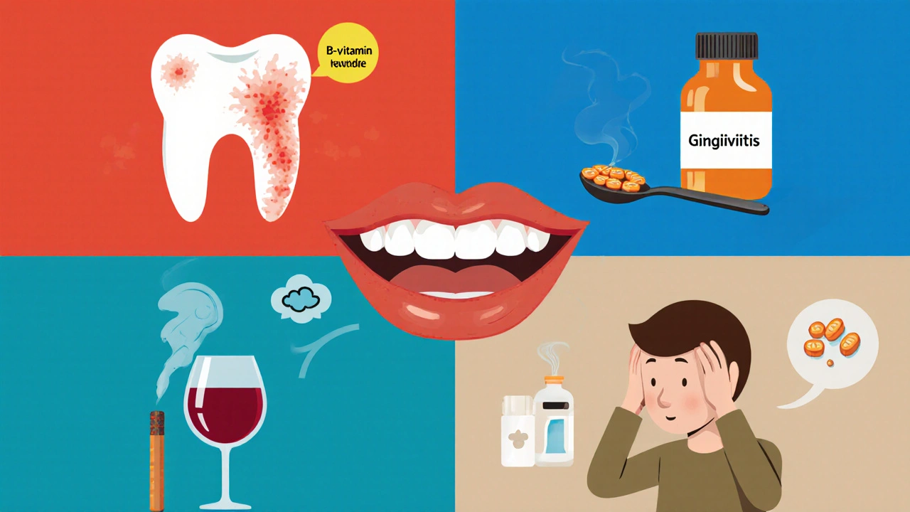 Illustration of a mouth surrounded by icons for plaque, vitamins, smoking, and stress.