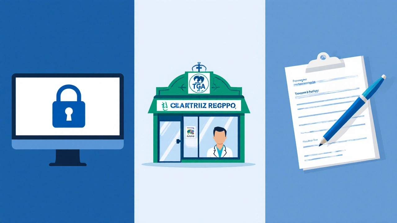 Illustration of laptop screen showing lock and TGA logo beside a pharmacy storefront and prescription pad.