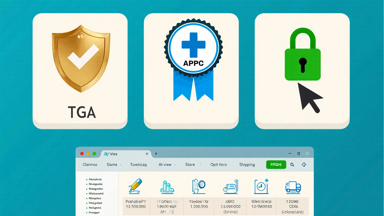 Illustration of TGA badge, APC accreditation, HTTPS lock, and price table.