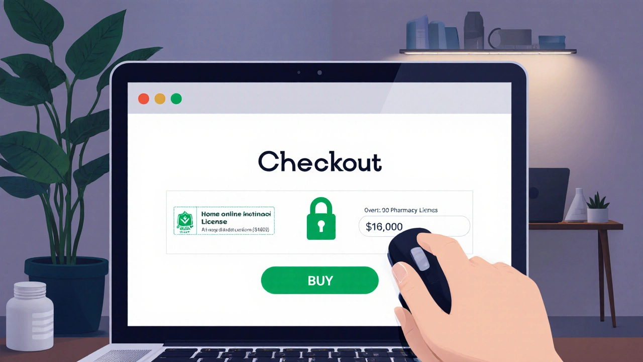 Laptop screen showing secure checkout icons for an online pharmacy purchase.
