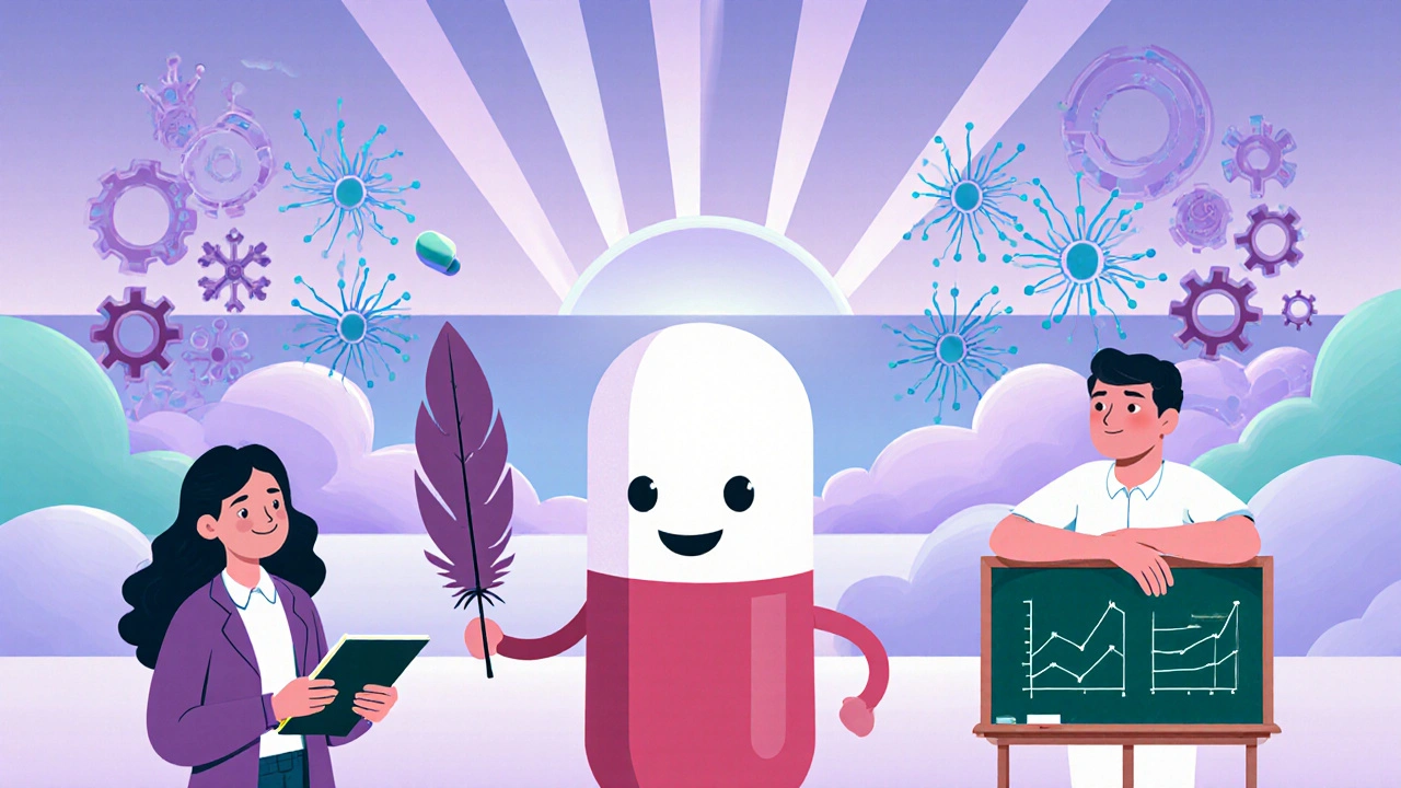 Lurasidone capsule guiding a designer and teacher amid hopeful neural landscape.