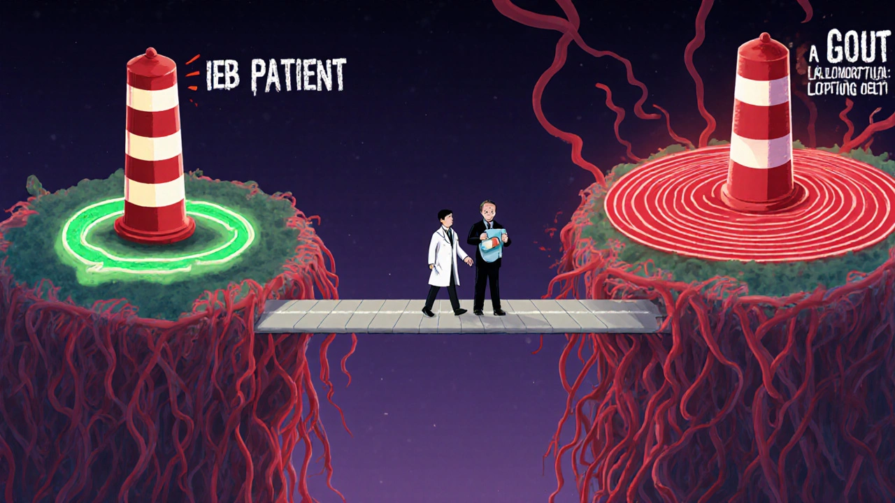 Narrow blood vessel bridge between IBD and gout patients, with one expert crossing safely amid warnings.