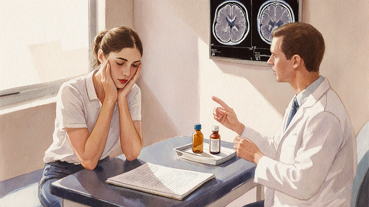 Patient discussing lab results and MRI with doctor, showing medication bottles on the table.