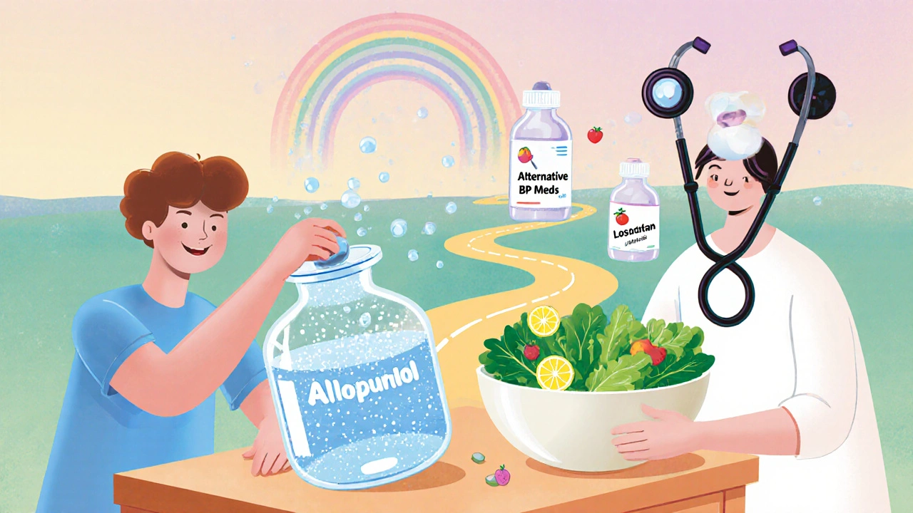 Patient drinking water beside a salad, receiving allopurinol and alternative blood pressure pills from a doctor, with diverging paths.
