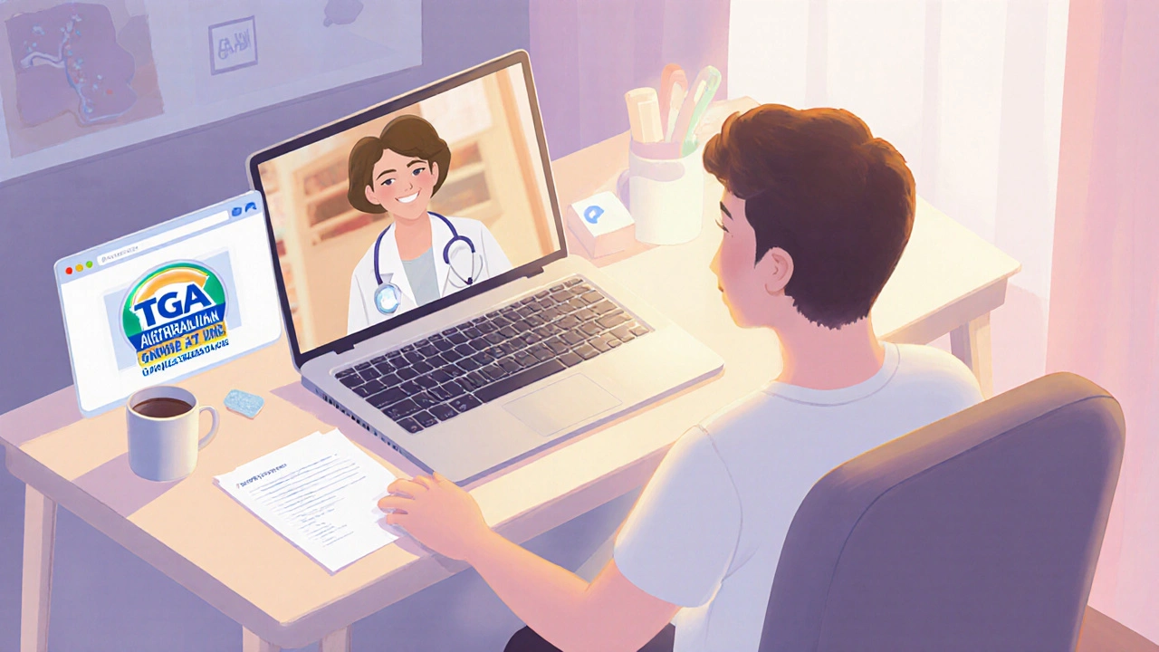 Person at a desk using a laptop for a telehealth consultation and browsing an online pharmacy with a TGA badge.