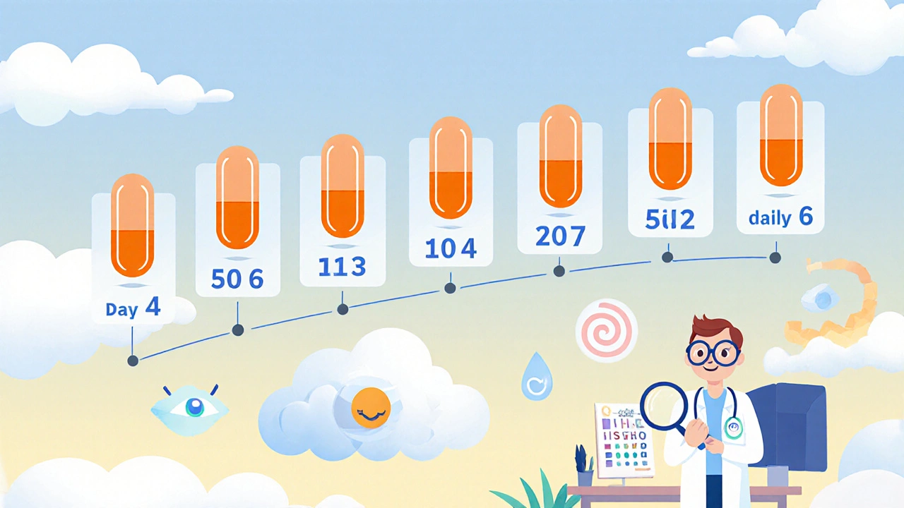 Seven‑day timeline showing three pills daily and a surreal eye doctor examining a patient.