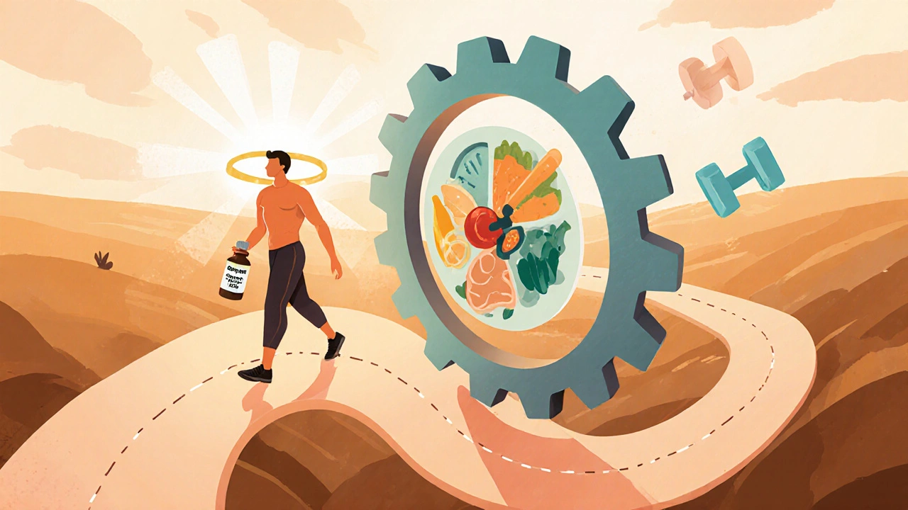 Surreal cartoon of a person walking, with internal gear shifting and a supplement bottle beside balanced meals.