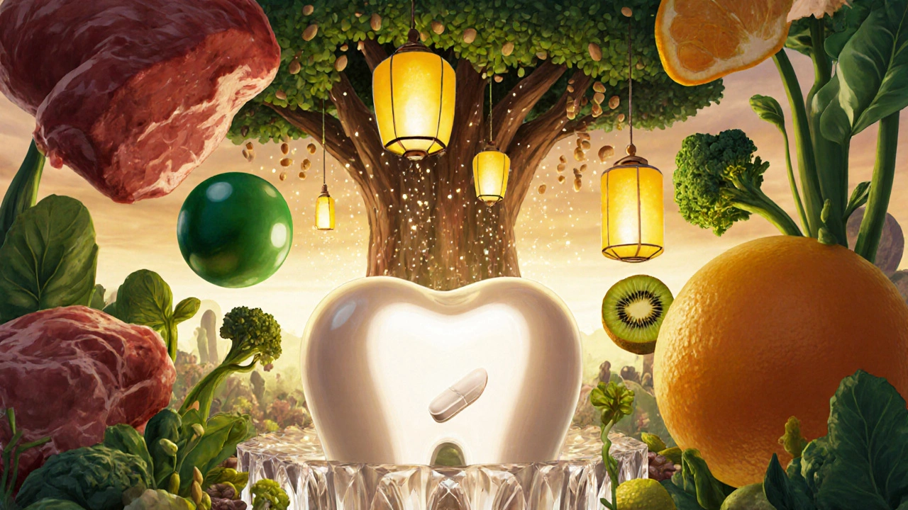 Surreal garden of iron‑rich and folate‑rich foods feeding a giant tooth tree with a glowing supplement pill.