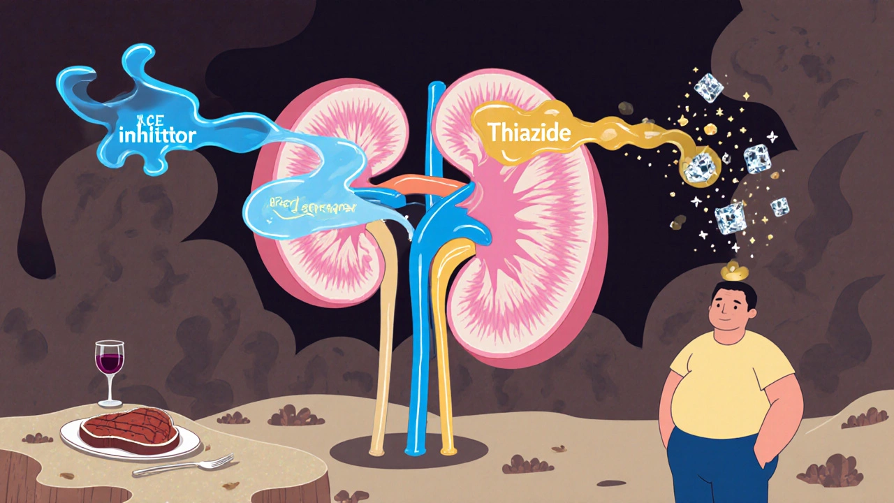 Surreal kidney showing blue ACE inhibitor flow and gold thiazide stream pulling uric‑acid crystals, beside a male figure with risk symbols.
