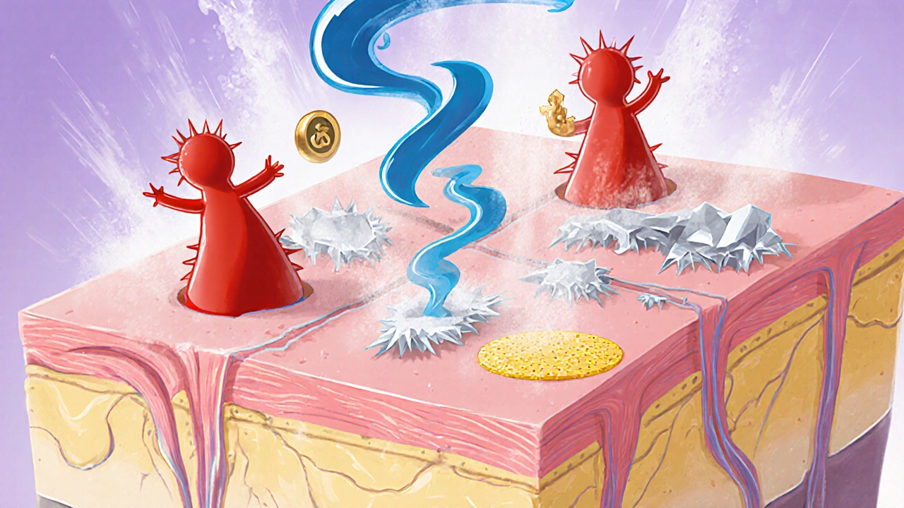 Surreal view of immune cells calmed by blue glucocorticoid molecules on scalp skin.
