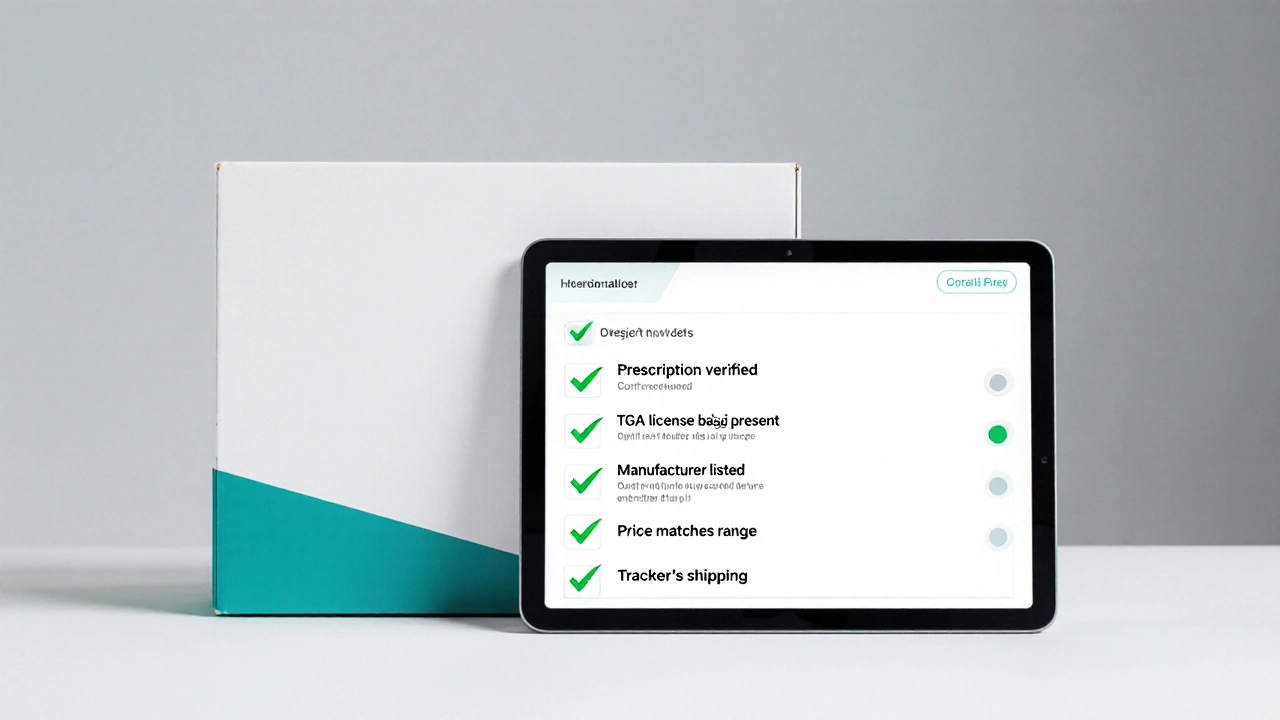 Tablet displaying a checklist of safe purchase steps beside a discreet delivery box.