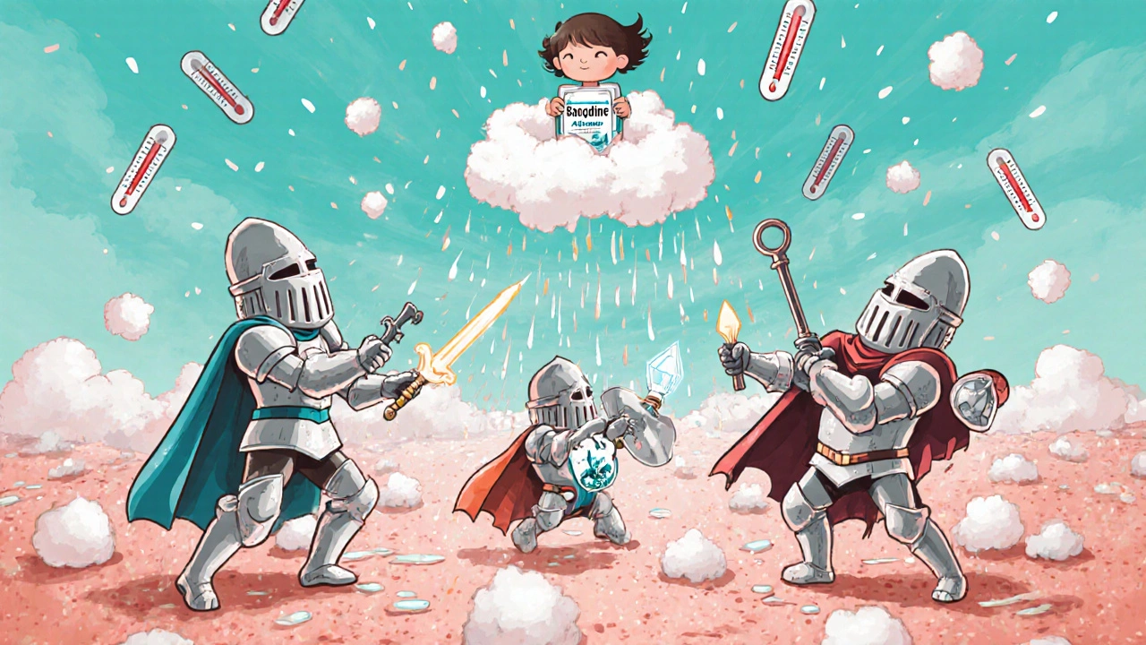 Three antibiotic creams as knights fighting on a skin battlefield, with a child holding Betadine like a shield.