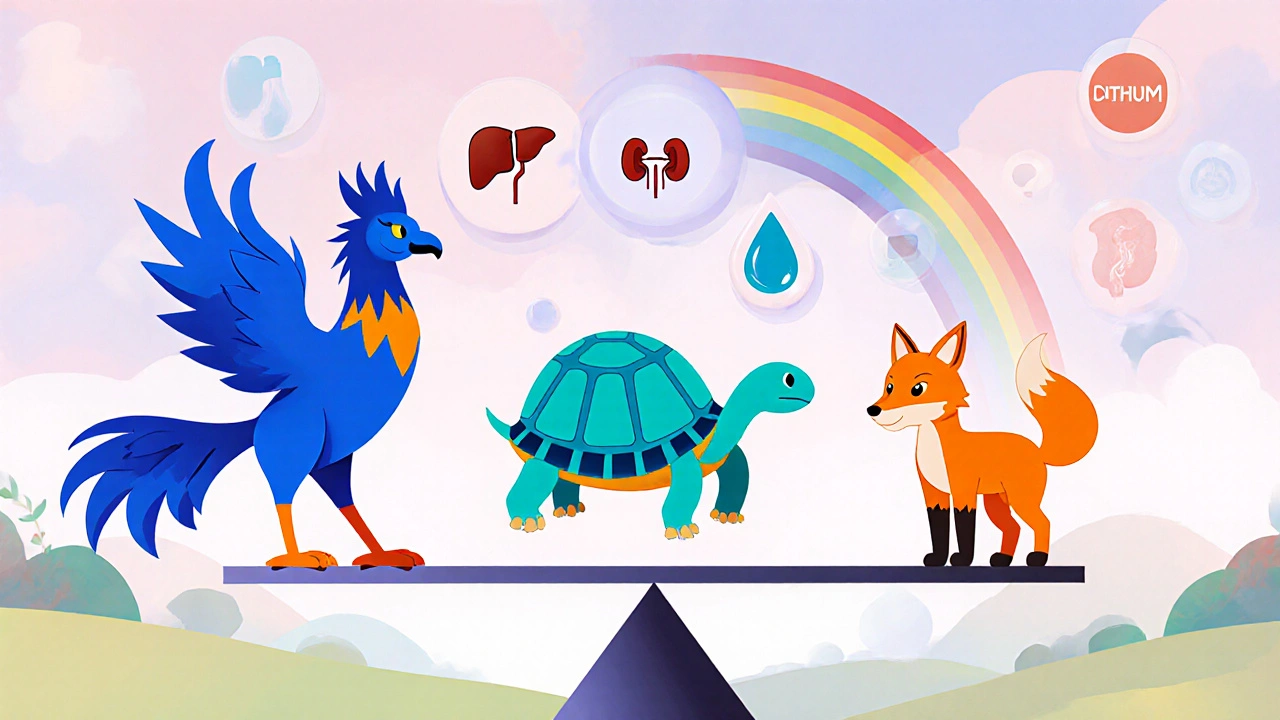 Three mood stabilizer characters on a scale with icons for liver, pregnancy, and kidney risks.