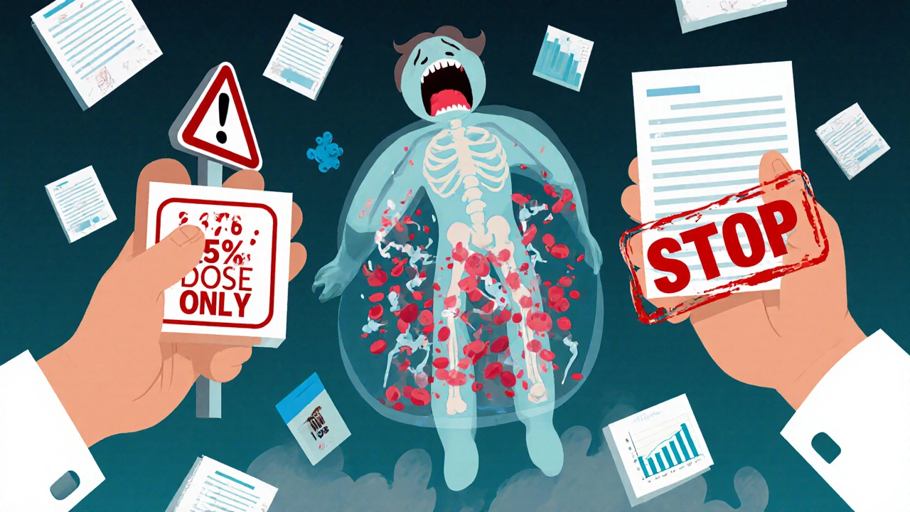 Transparent patient with collapsing blood cell factory, flanked by dosage warning and stop signs.