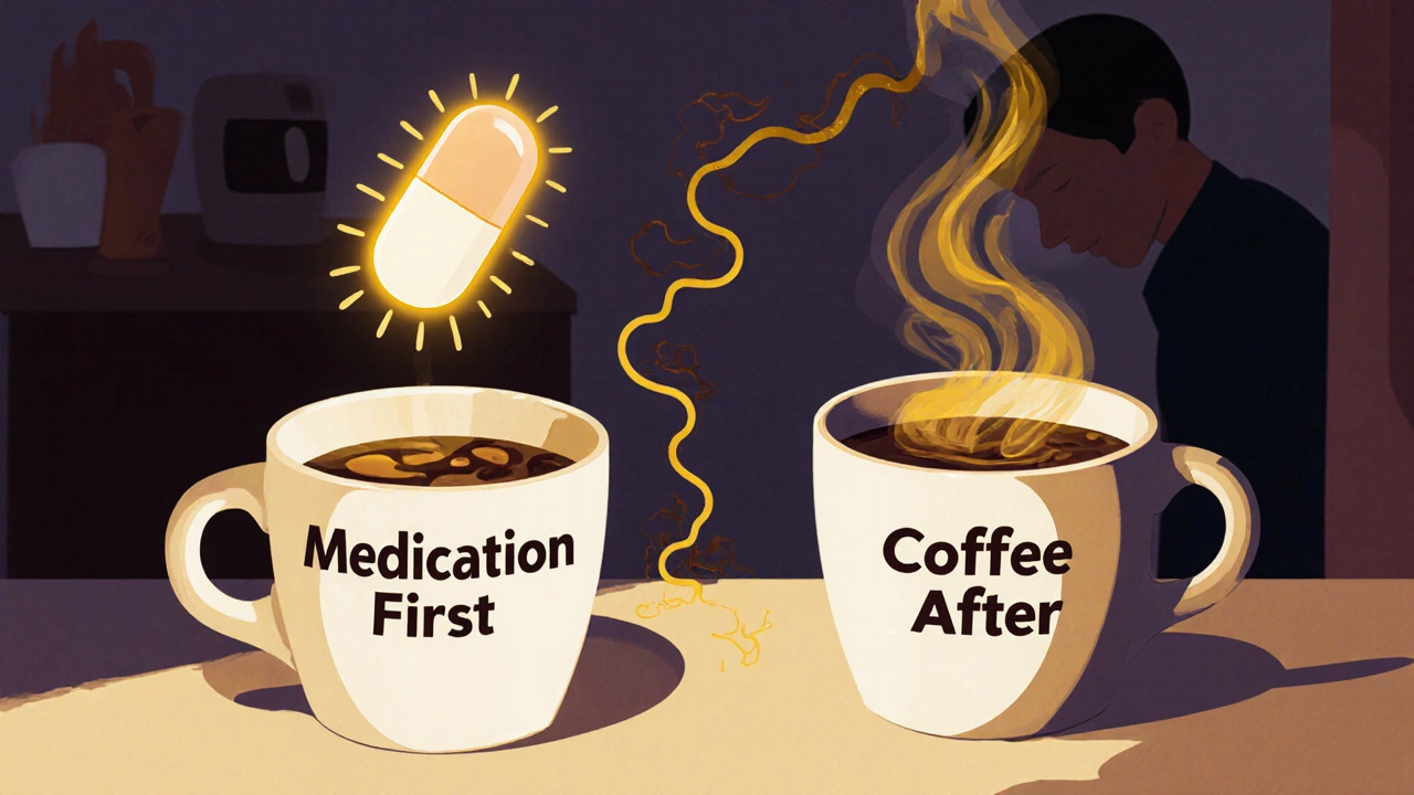 Two labeled mugs with a glowing path connecting a pill to a thyroid gland.