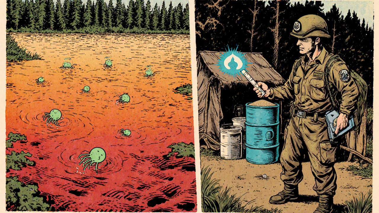 Vintage comic scene contrasts a warming lake with a health worker using a portable test kit and water filter.