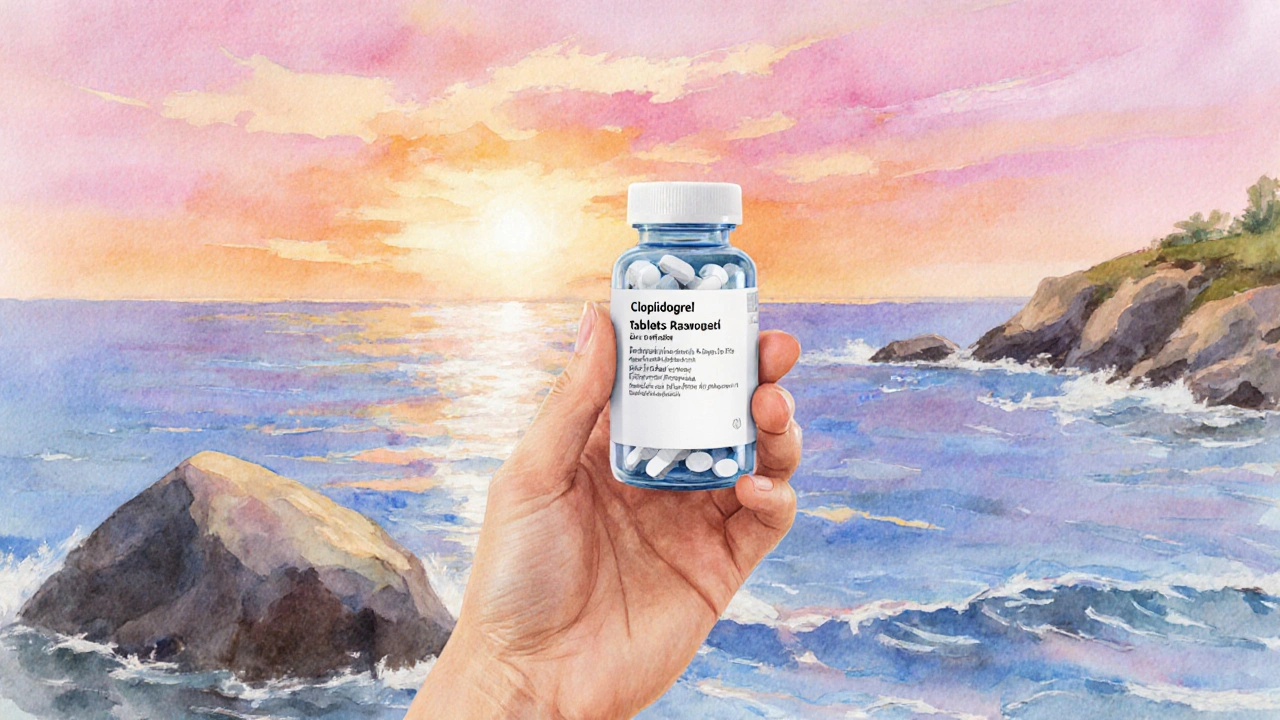 Watercolor of sunrise over Australian coast with hand holding clopidogrel bottle, symbolizing safe health.