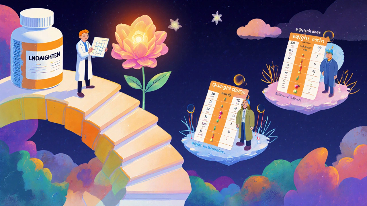 Winding staircase of pill bottles showing dosing steps and floating drug comparison islands.