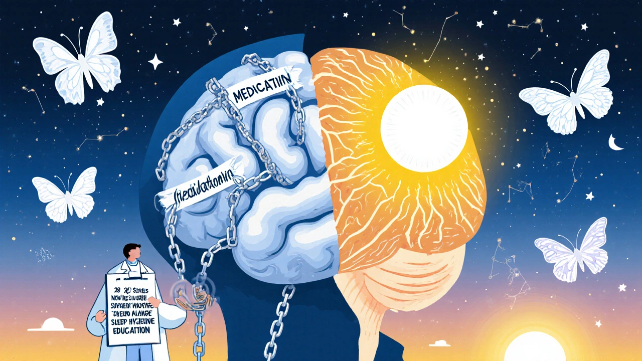 A brain divided between medication chains and glowing neural pathways lit by morning light and digital health apps.