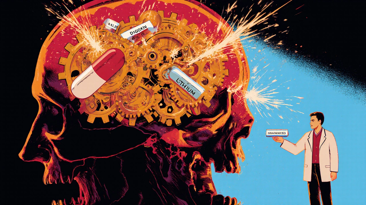 A brain-shaped clockwork with dangerous medication gears jamming, while a pharmacist offers a correct tablet like a key.