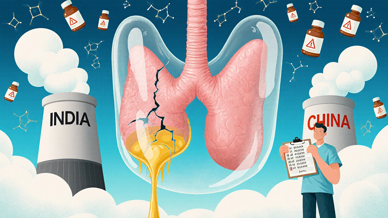 A cracked glass thyroid gland leaking gold, surrounded by factory chimneys and floating medication bottles in a dreamlike pharmacy sky.